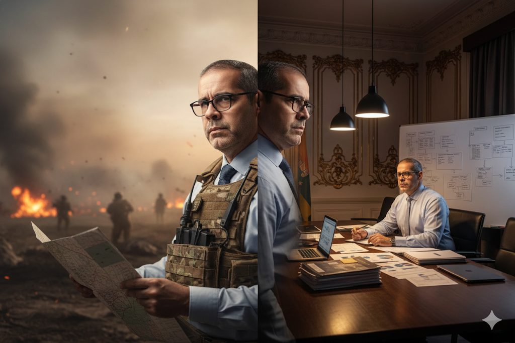 Montagem mostrando o mesmo homem em dois cenários: à esquerda, vestido com colete militar em um campo de batalha; à direita, de terno e gravata em uma sala de reuniões com laptop e documentos.