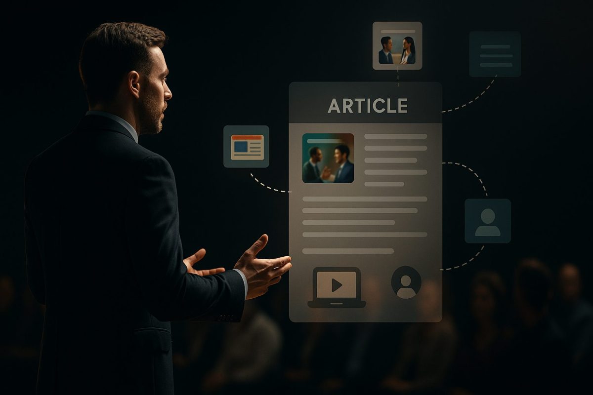 Palestrante em traje formal no palco, com artigos, posts e ícones digitais projetados ao fundo conectando-o visualmente ao público e contratantes.