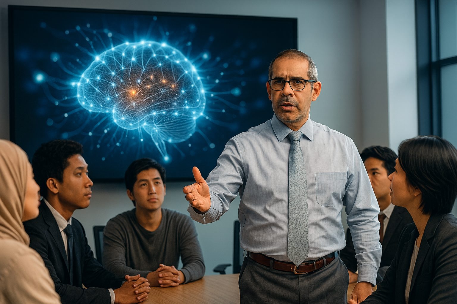Retrato cinematográfico de um líder corporativo de meia-idade, usando óculos e gravata, em um ambiente sofisticado com detalhes dourados ao fundo, transmitindo confiança, seriedade e autoridade.