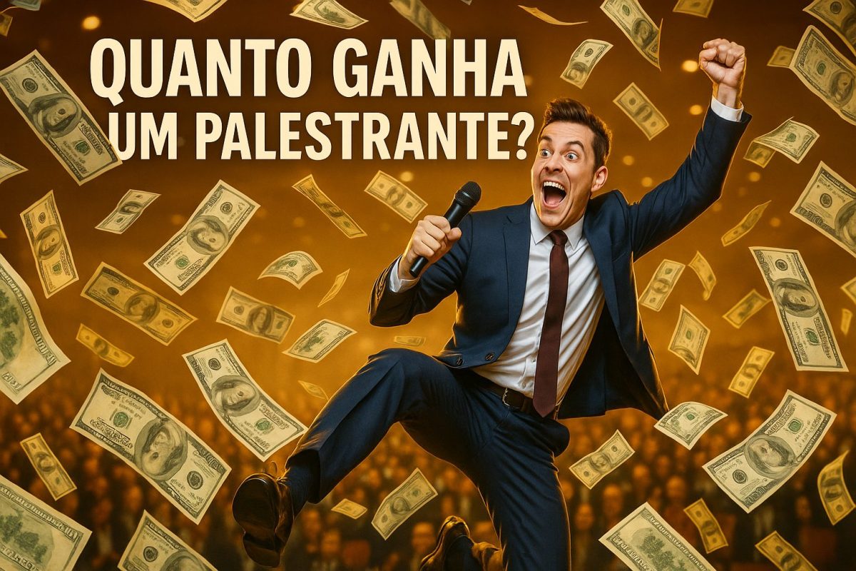 Homem em terno azul escuro, com expressão entusiasmada, segurando microfone, pula em meio a chuva de notas de dólar, com público ao fundo e frase em destaque: “Quanto ganha um palestrante?”