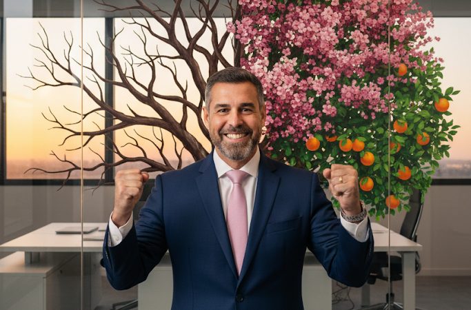 Executivo de terno azul e gravata rosa sorri e ergue os punhos em gesto de conquista, à frente de uma parede de vidro que exibe a imagem de uma árvore dividida — metade seca e metade florida com frutos.