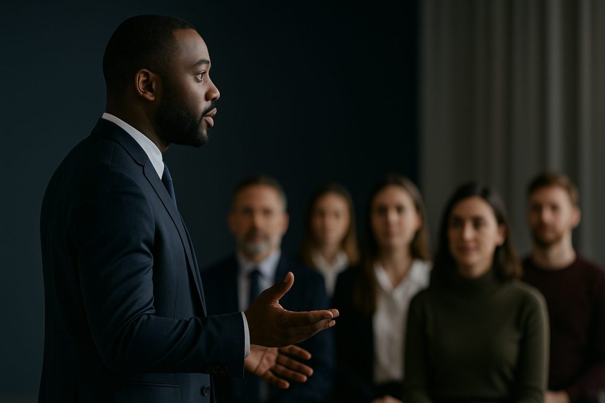 Palestrante em destaque no palco, gesticulando de forma expressiva, enquanto contratantes ao fundo observam com atenção, representando a diferença entre talento e análise de resultados.