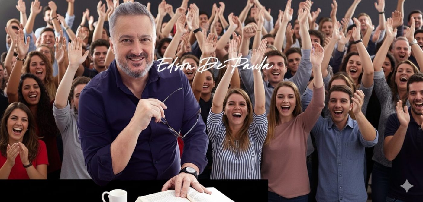 Um homem com cabelos grisalhos e barba, vestindo uma camisa escura, sorri para a câmera enquanto segura óculos e repousa a mão sobre um livro aberto. Ao fundo, uma grande multidão de pessoas diversas aplaude e levanta os braços com entusiasmo.