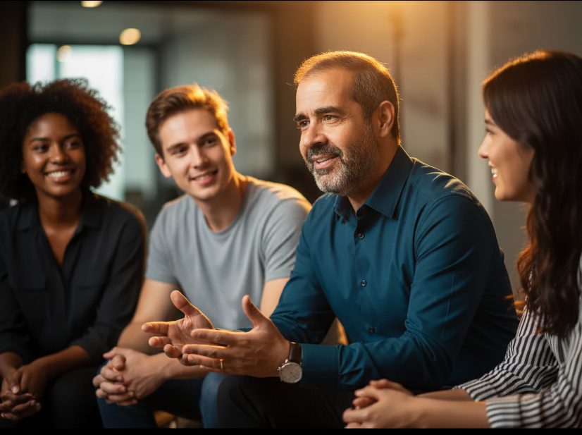 Homem de meia-idade fala com um grupo de jovens profissionais durante uma reunião em ambiente corporativo, todos sorrindo e atentos à conversa.