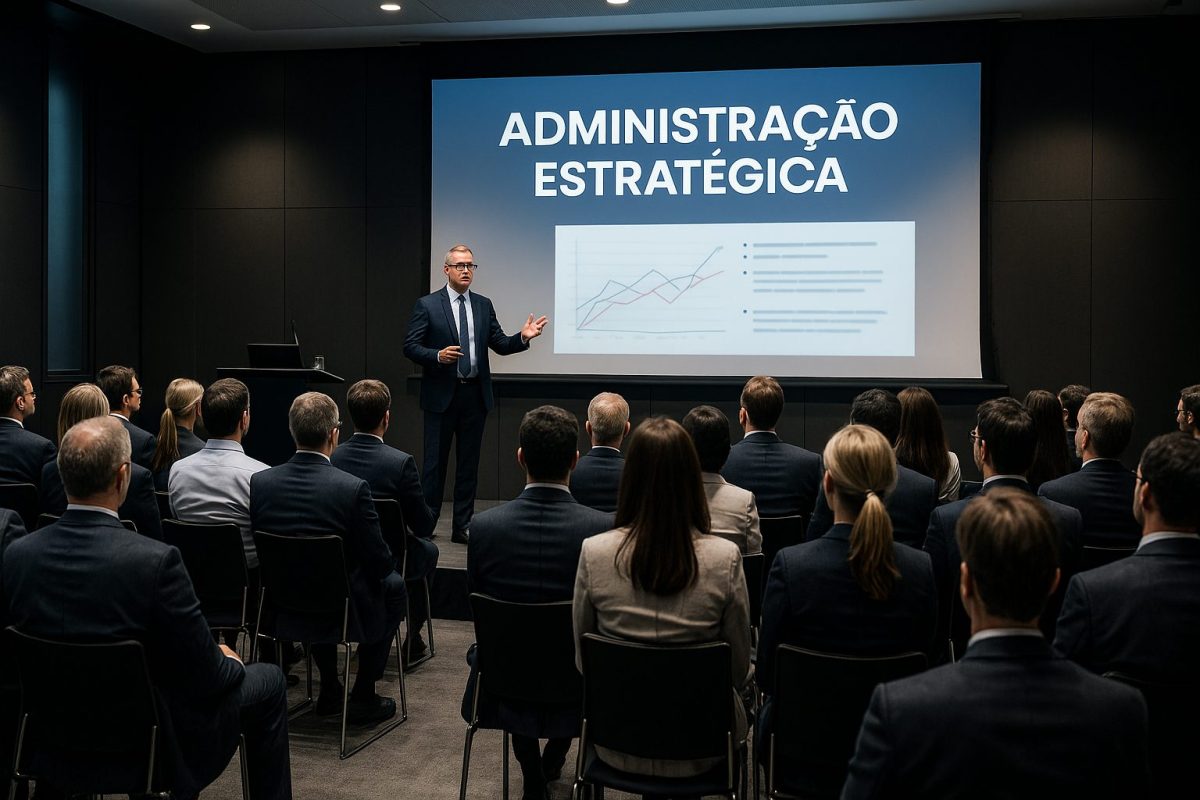 Executivos e líderes assistindo atentos a uma palestra corporativa sobre administração estratégica.