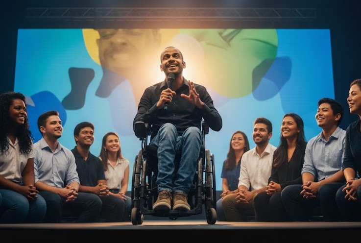 Palestrante em cadeira de rodas fala com emoção diante de um grupo de jovens em um palco iluminado, simbolizando inclusão, inspiração e superação.