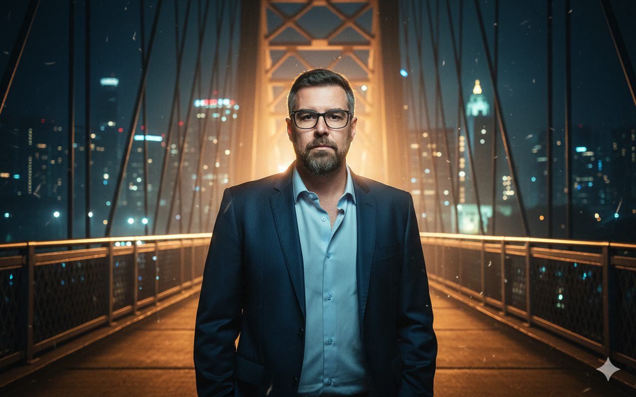 Alt Text (Texto Alternativo): Um homem com barba e óculos, vestindo blazer e camisa azul clara, está em pé em uma ponte iluminada, com a cidade ao fundo. A cena é dramática, com pequenos pontos de luz e um brilho amarelado no cabelo do homem.