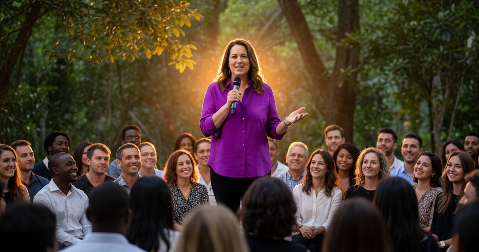 "Uma mulher palestrante de cabelo castanho e camisa roxa, sorrindo e segurando um microfone, gesticula para uma plateia diversa sentada ao ar livre, cercada por árvores e sob uma luz dourada do sol ao fundo."