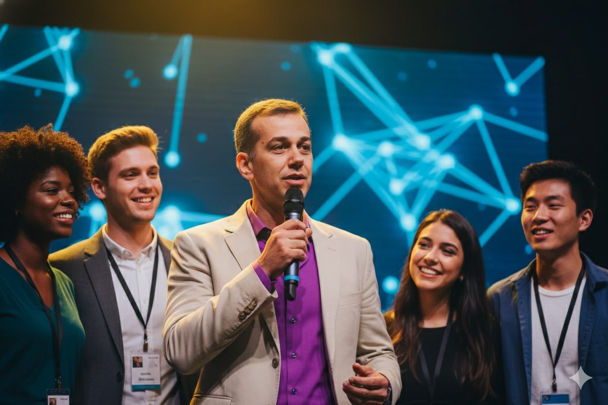 Palestrante segura um microfone e fala ao público enquanto é acompanhado por quatro colegas sorridentes em um palco corporativo com fundo tecnológico azul.