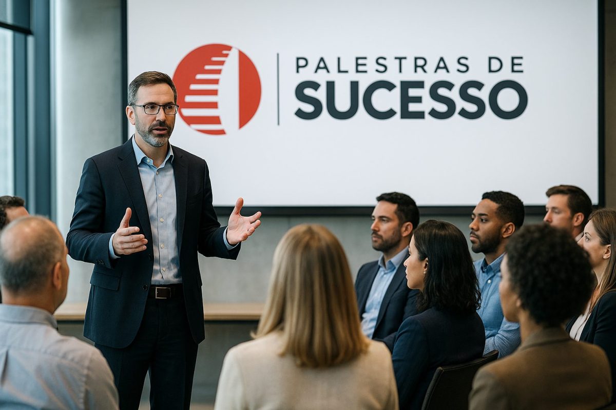 Palestrante corporativo conduz uma apresentação sobre saúde mental diante de um telão exibindo o logo oficial colorido da Palestras de Sucesso, com plateia atenta em um ambiente moderno e bem iluminado.