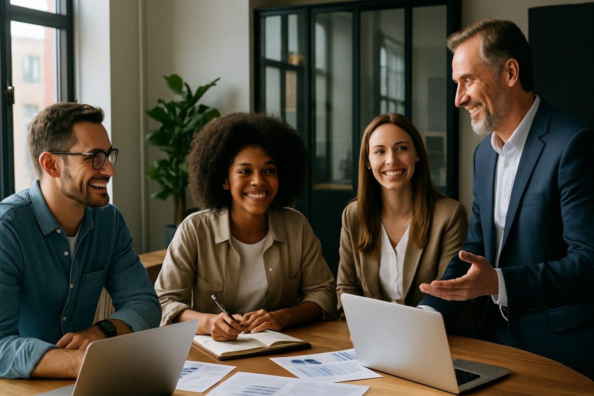 Profissionais diversos sorrindo e colaborando ao redor de uma mesa em um escritório moderno, representando os benefícios da liderança colaborativa no ambiente corporativo.