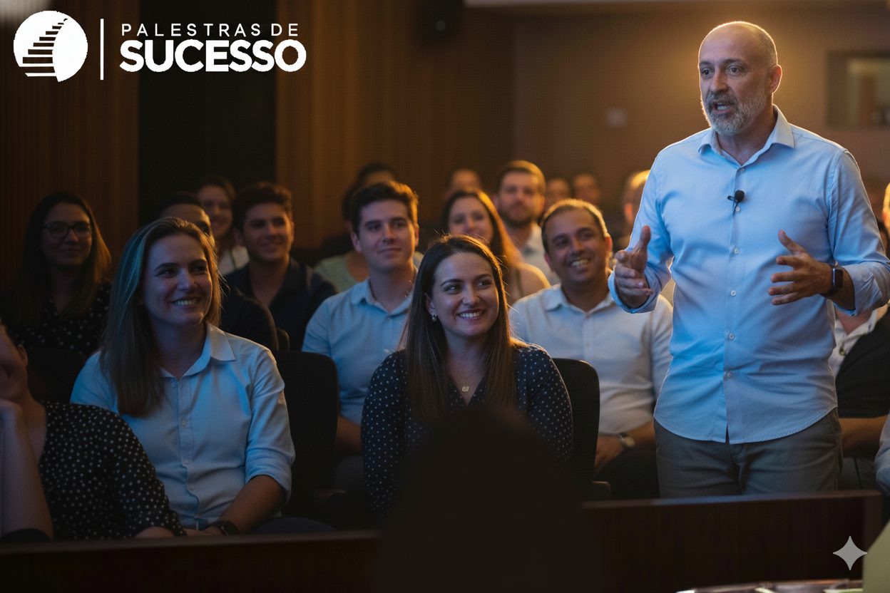 Imagem panorâmica de um palestrante, homem de meia-idade com barba e camisa social azul, gesticulando enquanto fala para uma plateia atenta e multigeracional em um auditório. A logo 'Palestras de Sucesso' está no canto superior esquerdo.