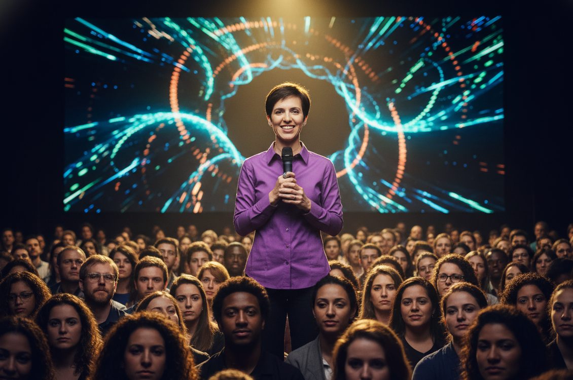 "Uma mulher palestrante com cabelo curto e camisa social roxa, sorrindo e segurando um microfone, está no palco de frente para uma vasta plateia diversa em um auditório. Um grande telão com gráficos digitais brilhantes está ao fundo."