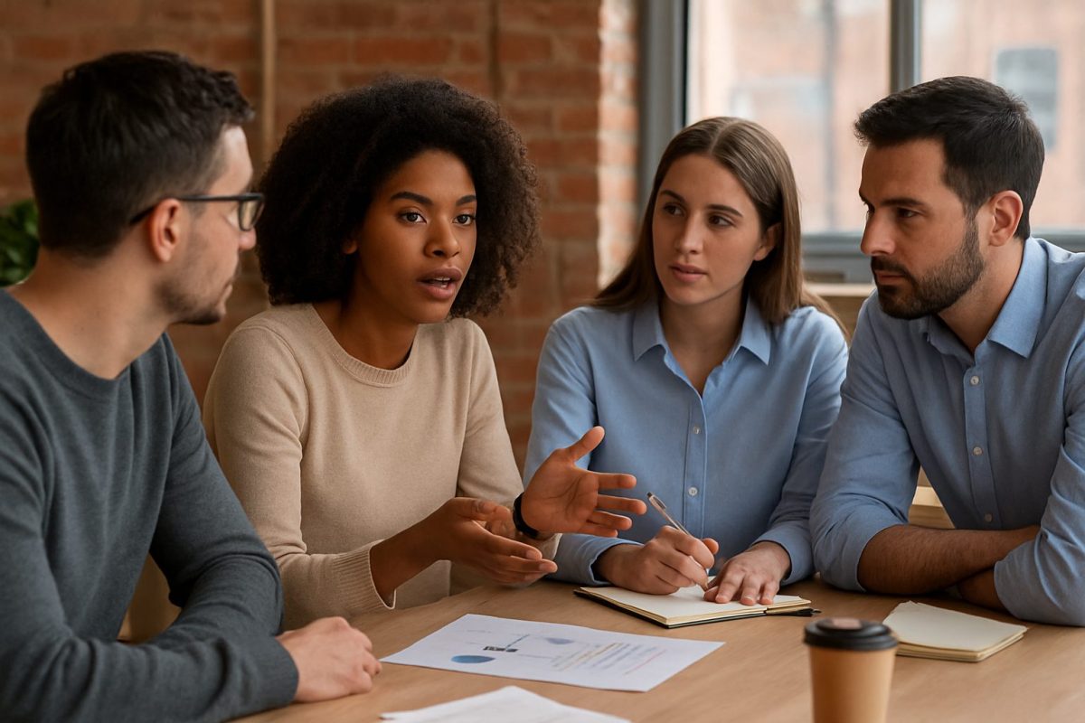 Quatro colegas de trabalho diversos colaborando em uma reunião no escritório, discutindo ideias em grupo com anotações e documentos sobre a mesa.