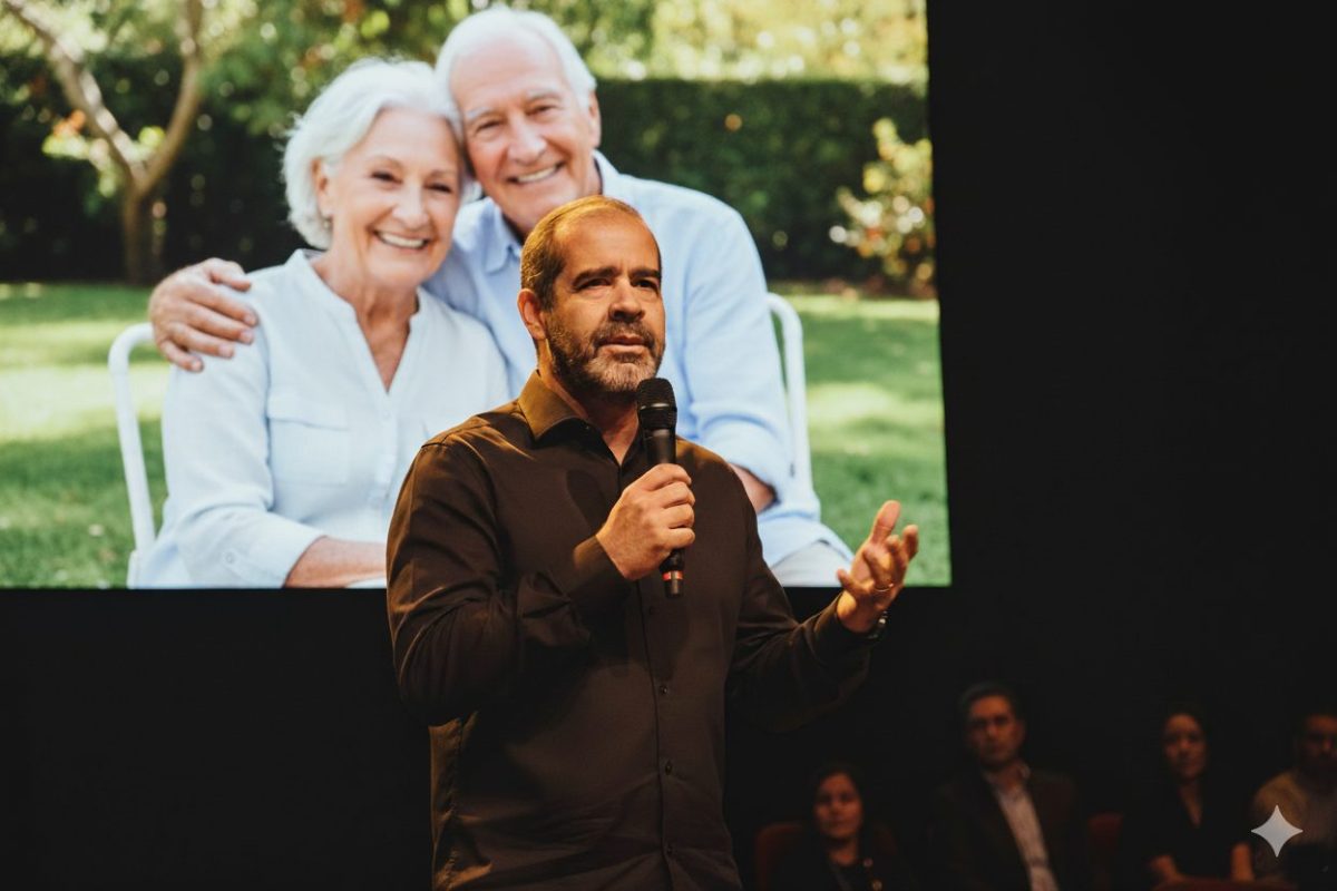 Retrato de um homem palestrando em um palco, com um microfone na mão e gestos abertos, enquanto um telão ao fundo exibe a imagem sorridente de um casal de idosos. O logo "Palestras de Sucesso" está no canto superior direito.