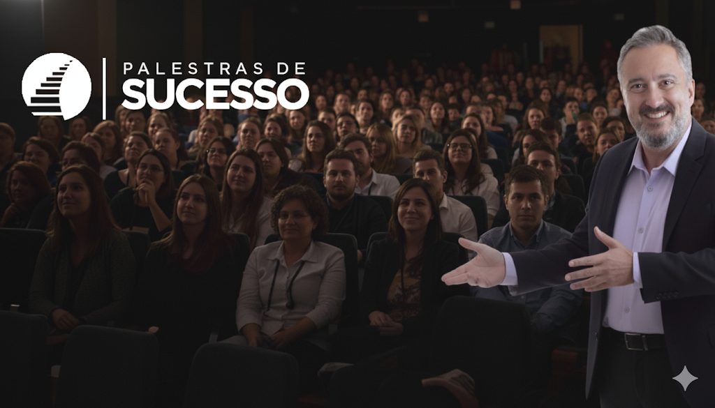 Palestrante Edson De Paula sorridente em frente a um auditório lotado, durante uma palestra promovida pela Palestras de Sucesso.