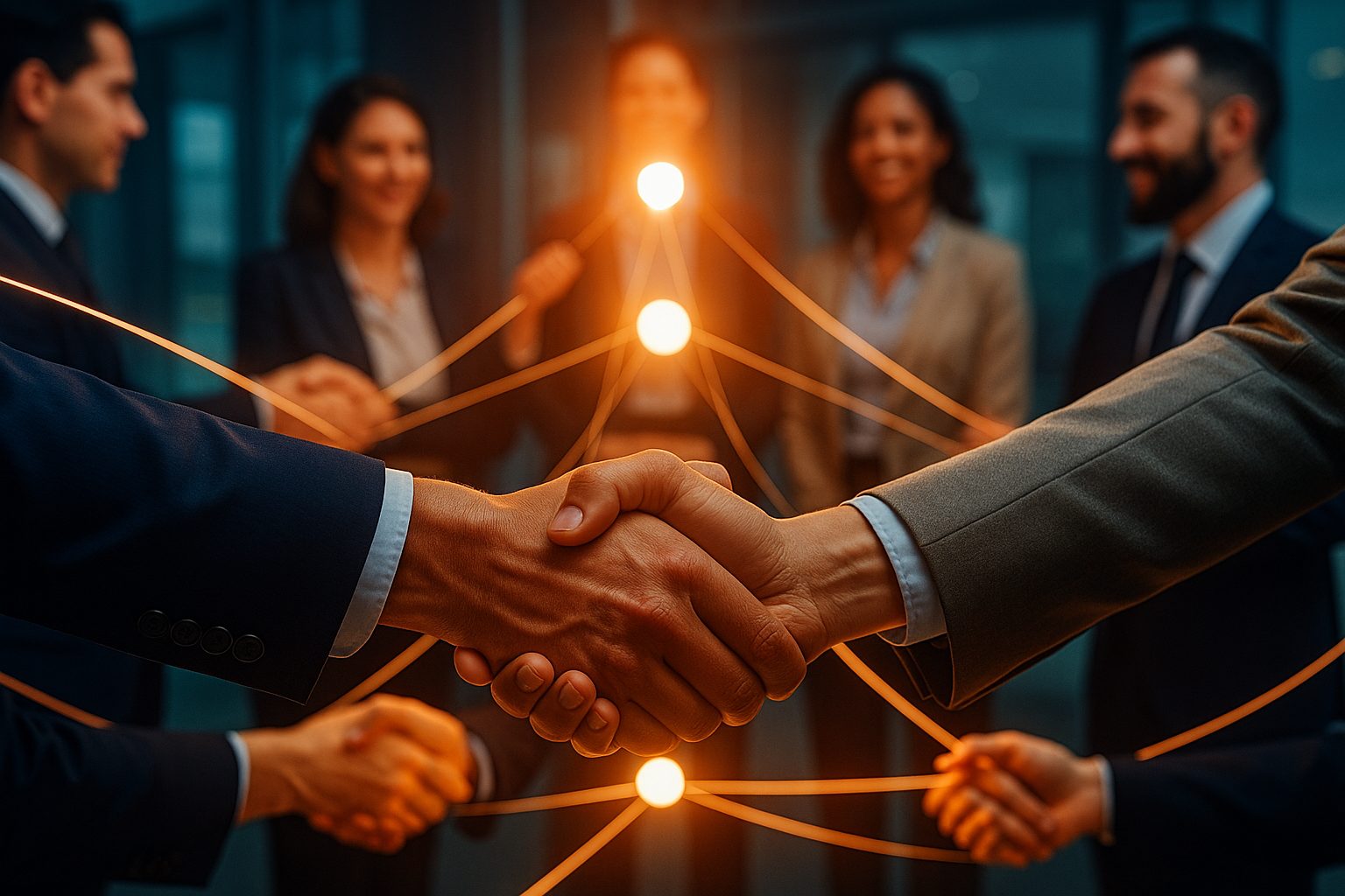 Ilustração cinematográfica de um aperto de mãos entre executivos, com linhas luminosas conectando colegas ao fundo, simbolizando a experiência do cliente B2B e a colaboração entre stakeholders.