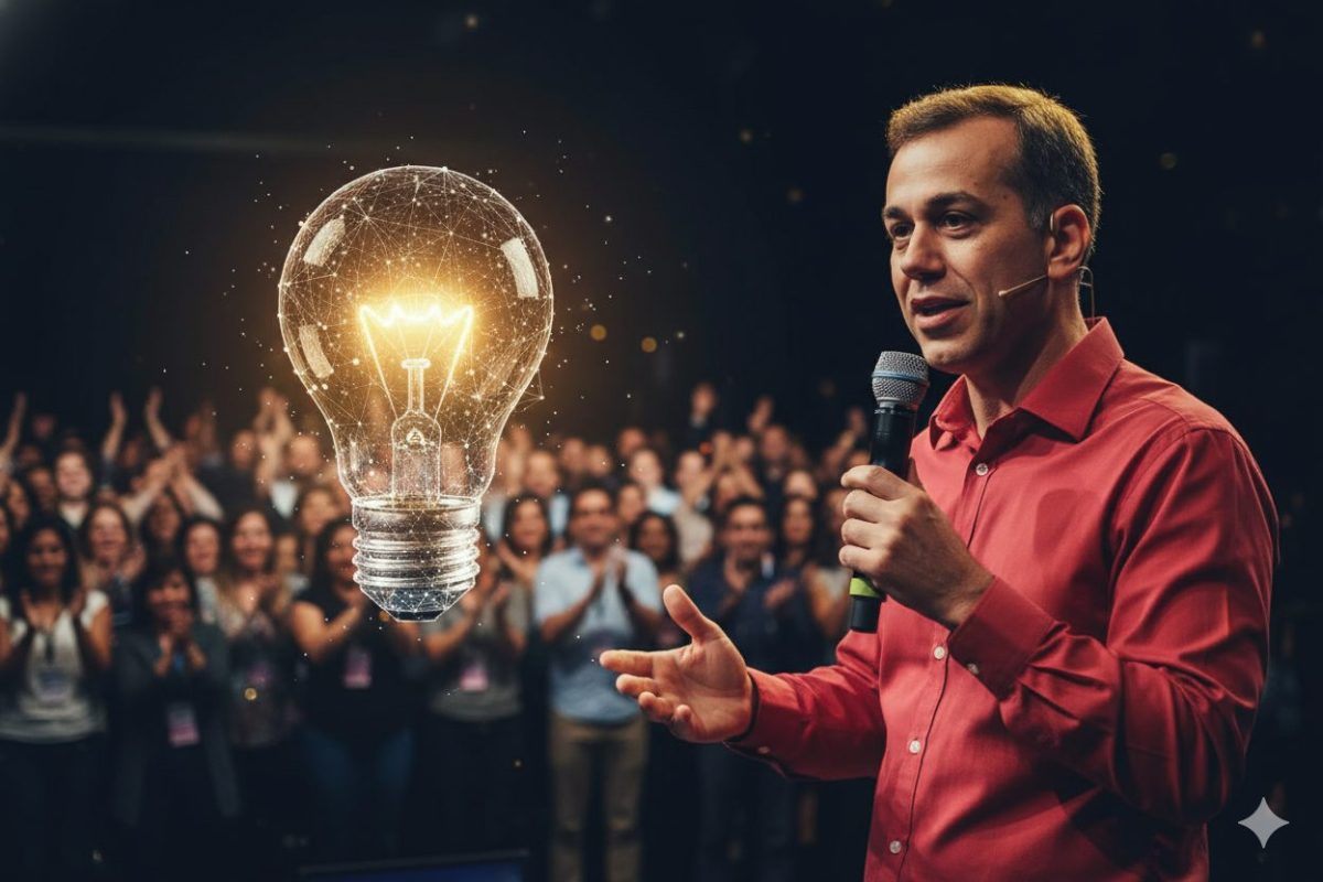 No palco, um palestrante cativa a audiência enquanto uma lâmpada luminosa ao seu lado representa a centelha da inovação e novas ideias.
