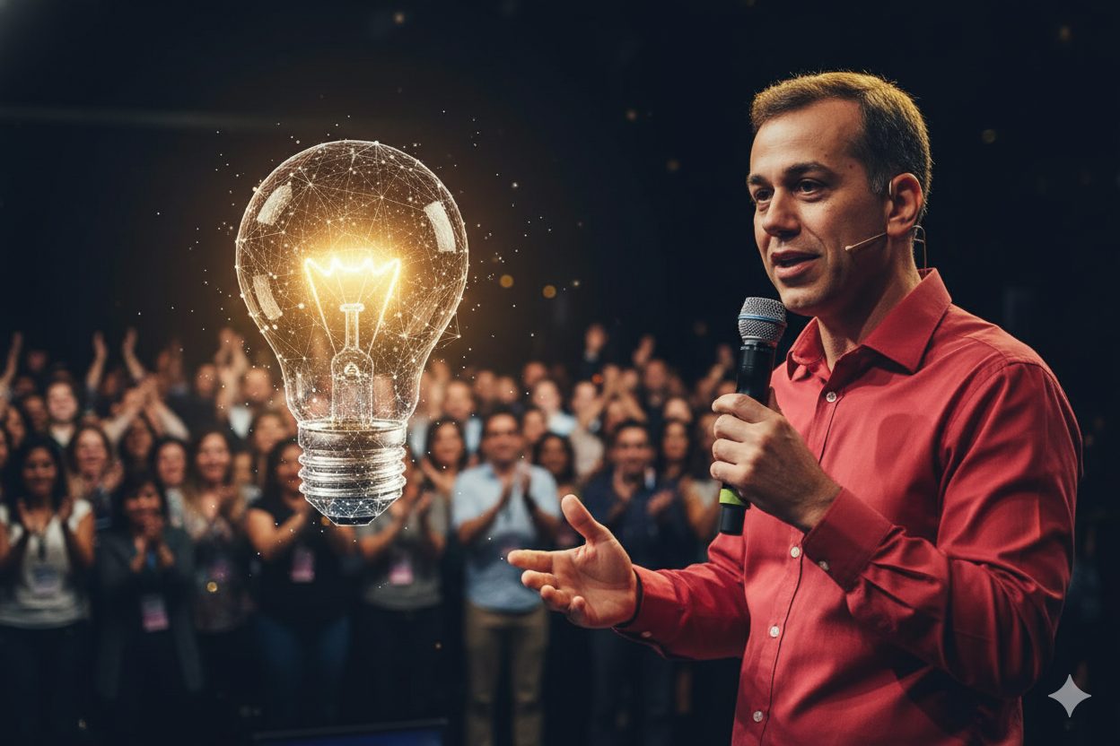 No palco, um palestrante cativa a audiência enquanto uma lâmpada luminosa ao seu lado representa a centelha da inovação e novas ideias.