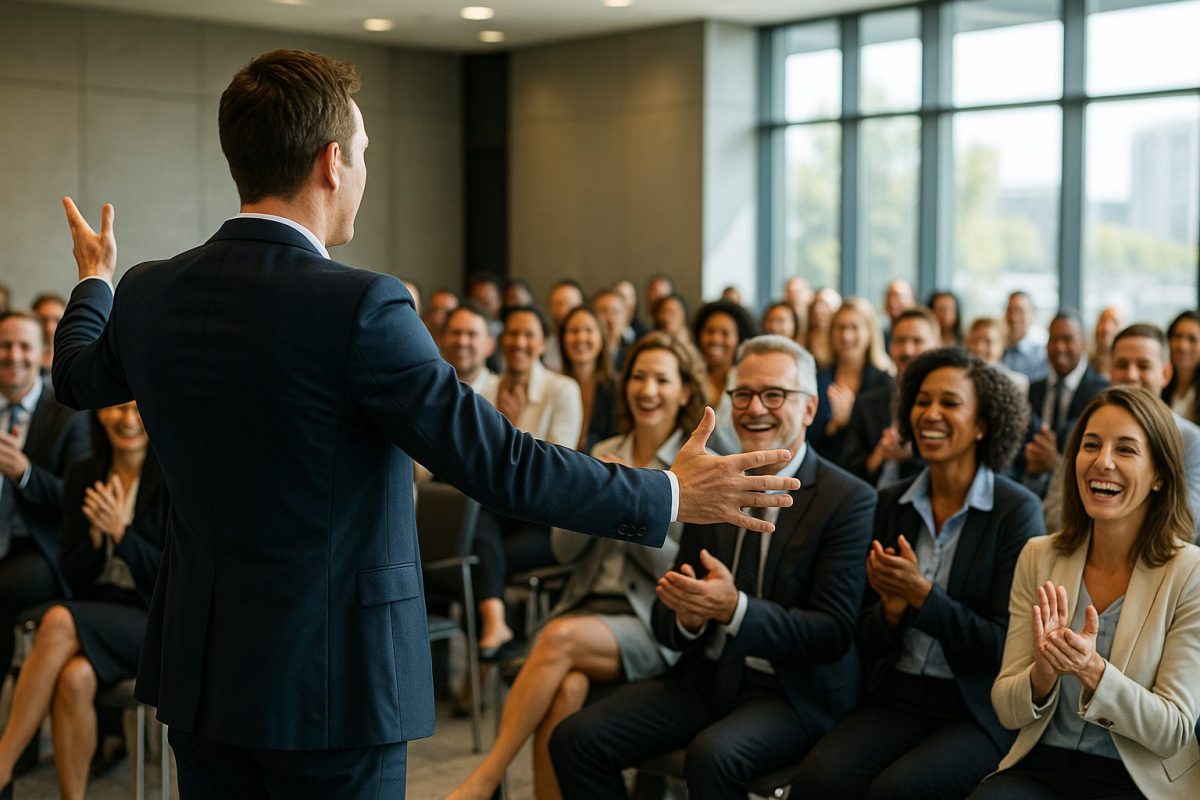 Palestrante motiva uma equipe corporativa em um auditório moderno, enquanto profissionais diversos aplaudem e sorriem.