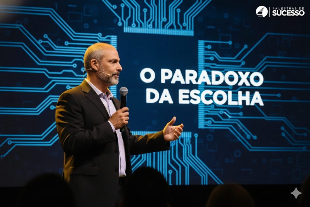 Palestrante em pé no palco fala ao microfone diante de um telão com o título “O Paradoxo da Escolha”, durante evento corporativo sobre comportamento e neurociência do consumidor.