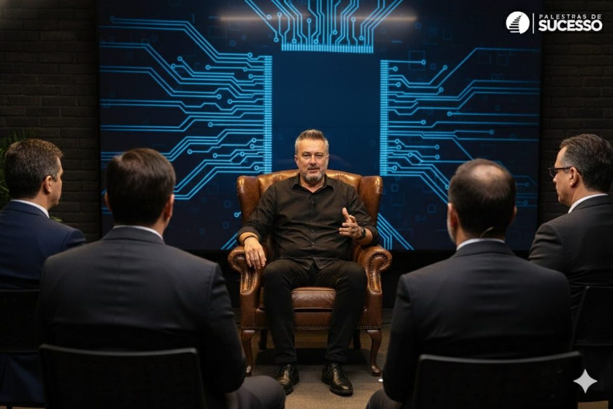 Palestrante Edson De Paula conduz debate sobre presenteísmo com executivos, em auditório corporativo moderno