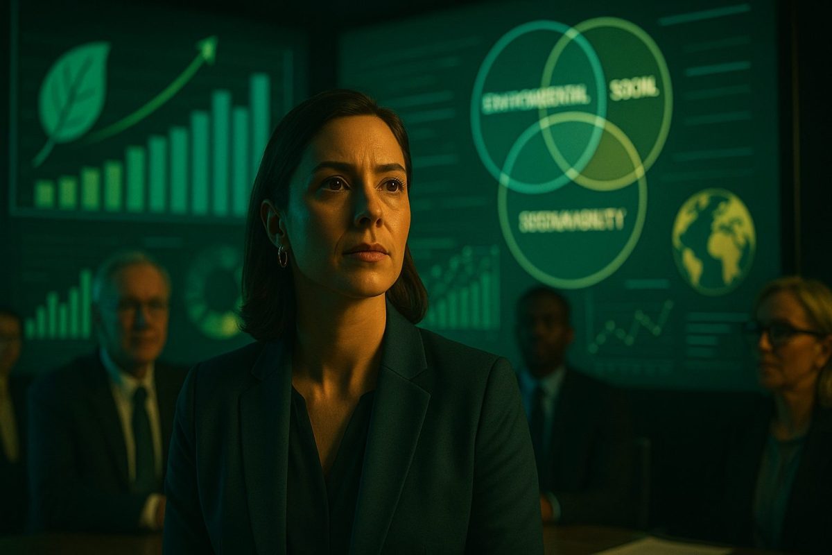 Mulher líder em close durante reunião estratégica com painéis digitais de sustentabilidade ao fundo.