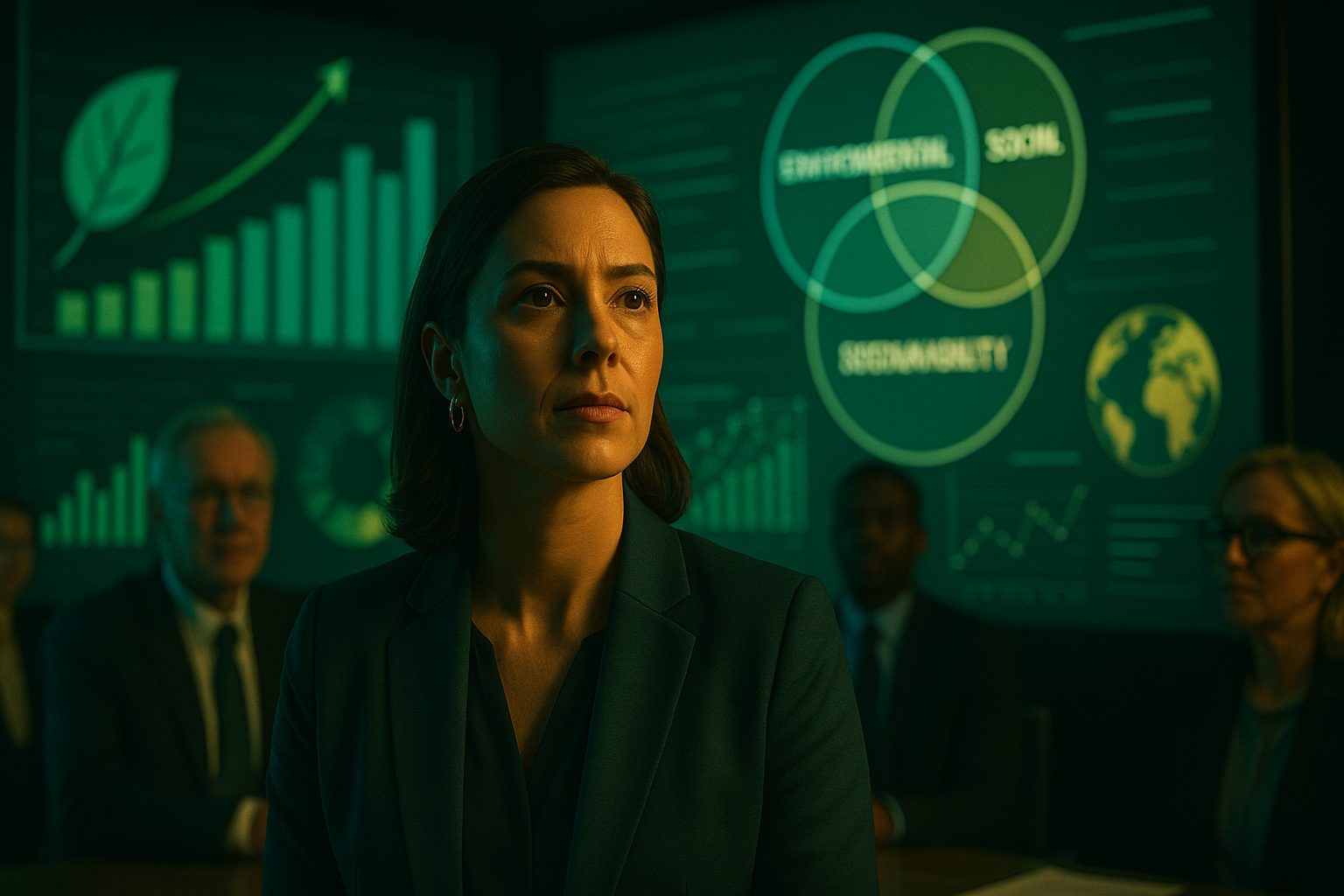Mulher líder em close durante reunião estratégica com painéis digitais de sustentabilidade ao fundo.