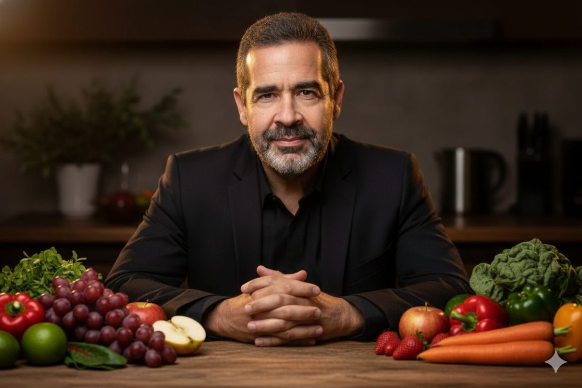 Homem de meia-idade com barba grisalha, vestindo blazer preto, sentado à mesa com as mãos entrelaçadas, cercado por frutas e vegetais frescos como uvas, maçãs, cenouras, pimentões, morangos e folhas verdes. A iluminação é quente, com ambiente de cozinha ao fundo.