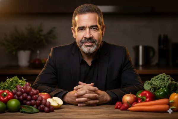 Homem de meia-idade com barba grisalha, vestindo blazer preto, sentado à mesa com as mãos entrelaçadas, cercado por frutas e vegetais frescos como uvas, maçãs, cenouras, pimentões, morangos e folhas verdes. A iluminação é quente, com ambiente de cozinha ao fundo.