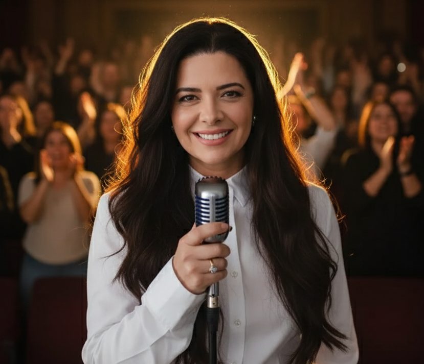 Mulher sorridente segurando um microfone em um auditório cheio de pessoas aplaudindo, sob uma luz dourada que destaca seu rosto.