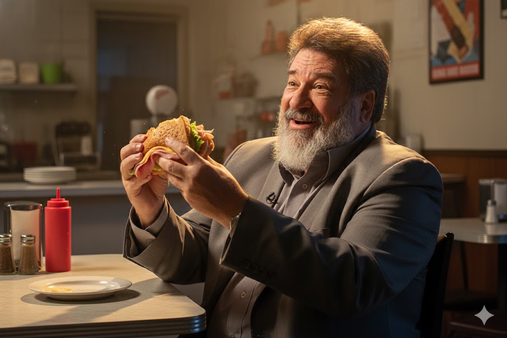 Homem sorridente de barba branca e terno cinza segura um sanduíche com entusiasmo dentro de uma lanchonete iluminada, sentado à mesa com um prato vazio à frente.