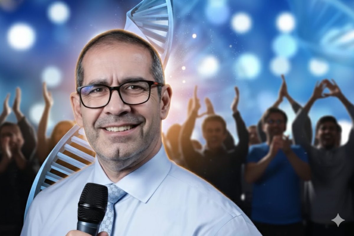 Dr. Paulo Porto de Melo sorri enquanto segura um microfone, com fundo azul vibrante, hélices de DNA e plateia aplaudindo, simbolizando a resiliência treinável e a adaptação ao estresse.