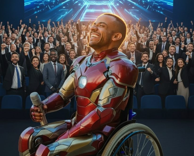 Palestrante em cadeira de rodas usando armadura inspirada no Homem de Ferro, sorrindo com microfone em mãos diante de uma plateia entusiasmada, simbolizando a vulnerabilidade nas empresas como potência.
