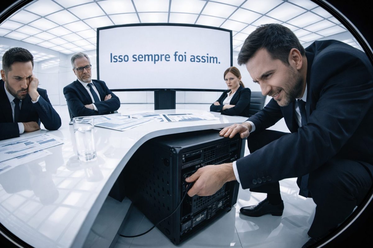 Executivo sabotando discretamente um sistema durante reunião corporativa futurista, enquanto a frase “isso sempre foi assim” aparece ao fundo, simbolizando resistência à mudança e autossabotagem organizacional.