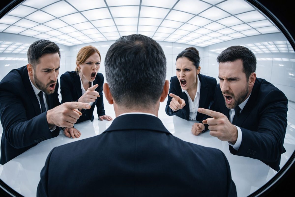 Equipe de colaboradores confrontando o chefe em ambiente corporativo futurista, com clima de tensão, iluminação clínica e estética sci-fi minimalista.