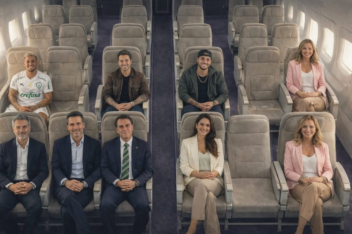 Imagem em formato 21:9 mostra o interior de um avião com passageiros sentados em diferentes fileiras, cada um com um assento vazio ao lado. Os personagens representam perfis distintos de poder, liderança, influência e convivência, simbolizando escolhas humanas e corporativas em um voo de longa duração.