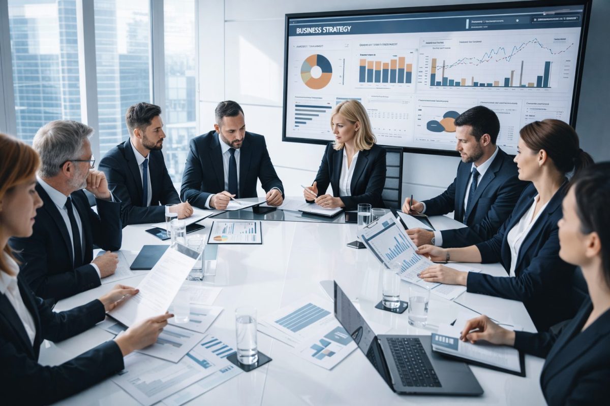 Executivos e executivas reunidos em sala corporativa moderna, analisando gráficos e dados estratégicos em reunião de planejamento empresarial.