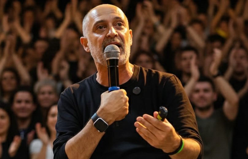 Jotta Junior palestrando com microfone em mãos diante de uma plateia atenta e aplaudindo, vestindo camiseta preta e pulseira verde.