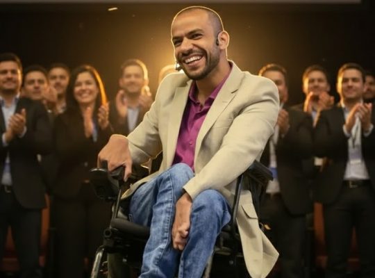 Homem sorridente em cadeira de rodas motorizada, vestindo blazer claro e camisa roxa, em um palco iluminado. Ao fundo, um grupo de pessoas aplaude
