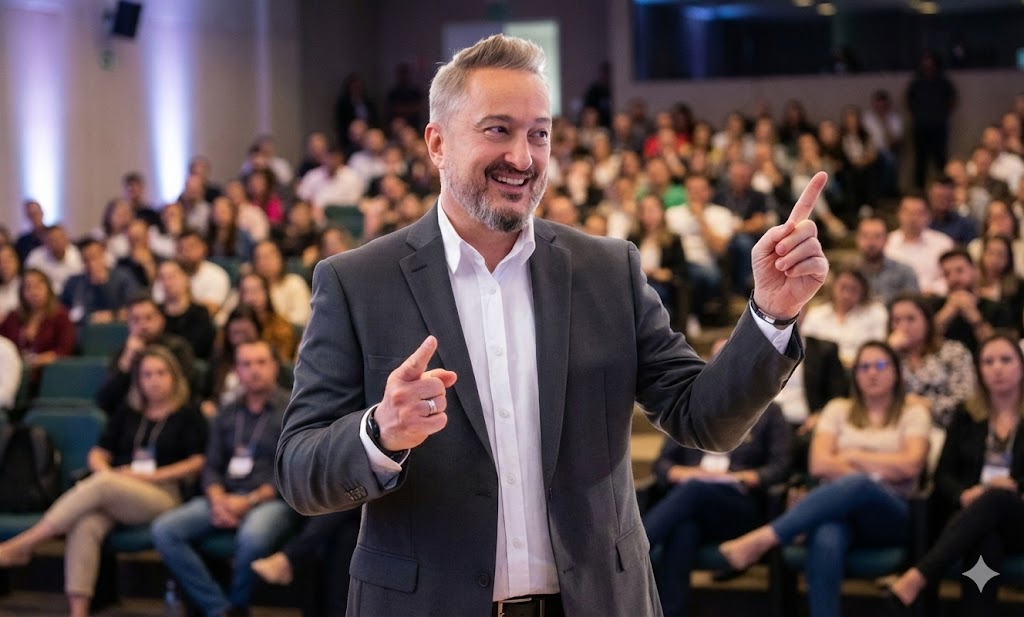 Palestrante em palco corporativo, vestindo terno cinza e camisa branca, sorrindo e apontando para a plateia durante uma apresentação para um auditório cheio.