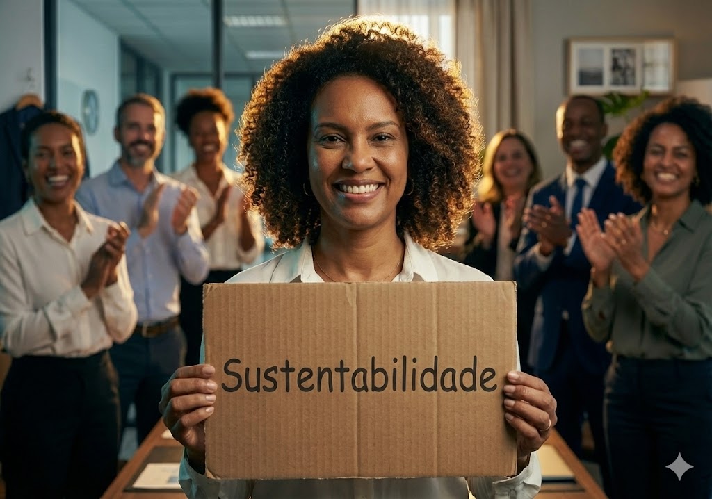 Pessoa sorridente segurando um cartaz de papelão com a palavra “Sustentabilidade”, cercada por colegas aplaudindo em ambiente corporativo moderno.