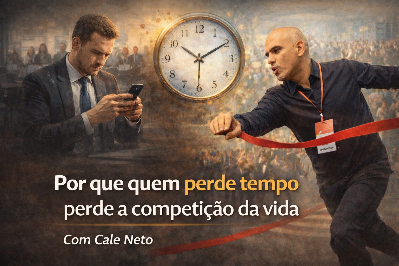 Homem distraído olhando o celular contrasta com Cale Neto cruzando a linha de chegada, simbolizando gestão do tempo, foco e competição na vida profissional.