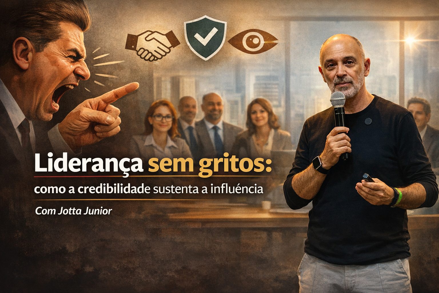 Líder corporativo falando ao microfone diante de equipe, representando liderança sem gritos e influência baseada em credibilidade e confiança.