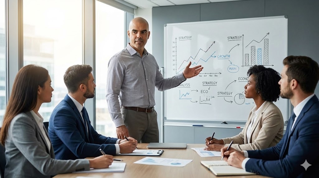 Homem em pé apresentando gráficos e estratégias em um quadro branco para colegas sentados em ambiente corporativo moderno.