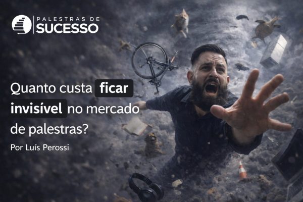 Homem com barba estende a mão em expressão de aflição enquanto é sugado por um vórtice caótico repleto de objetos como bicicleta, gatos, cone de trânsito, laptop, livro e fones de ouvido; à esquerda aparece texto sobre palestras de sucesso.