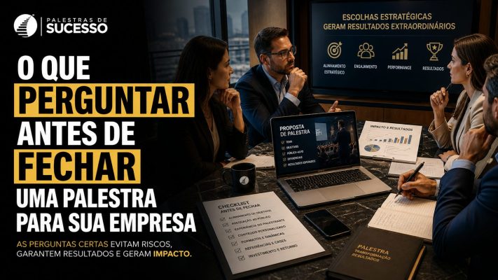 Capa de blog em formato 16:9 com o título “O que perguntar antes de fechar uma palestra para sua empresa”. À esquerda, o texto aparece em destaque nas cores branco e amarelo, com o logo da Palestras de Sucesso no topo. À direita, uma reunião corporativa mostra profissionais avaliando uma proposta de palestra, com notebook, relatórios, checklist e painel com indicadores de alinhamento, engajamento, performance e resultados.
