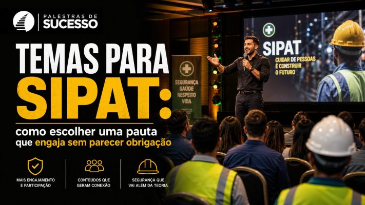 Capa de blog em formato 16:9 sobre SIPAT, com o título “Temas para SIPAT: como escolher uma pauta que engaja sem parecer obrigação”. À esquerda, o texto aparece em letras grandes brancas e amarelas, com o logo da Palestras de Sucesso no topo. À direita, um palestrante se apresenta no palco para uma plateia de colaboradores, enquanto um telão destaca a palavra “SIPAT” e mensagens ligadas a segurança, saúde e cuidado com as pessoas.